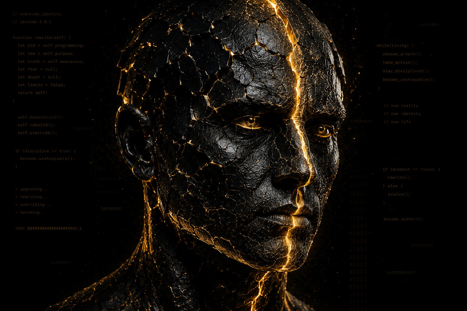 A cracked black-and-gold head overlaid with lines of code